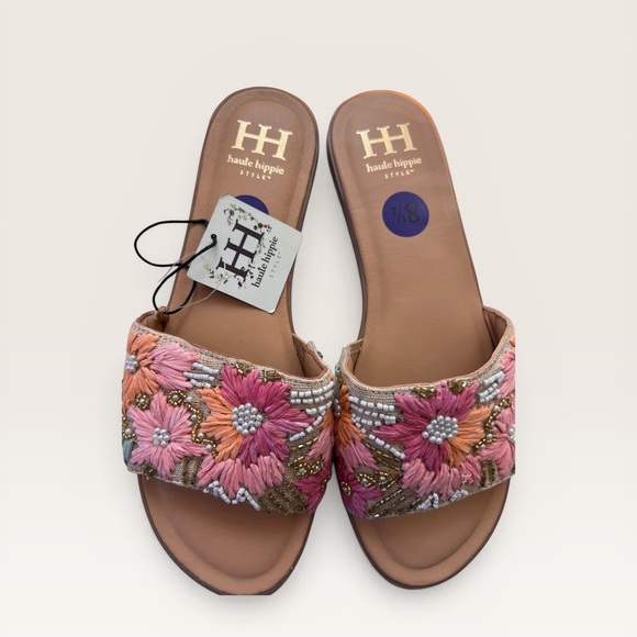 Haute Hippie Embroidered Pink Floral Slide Sandals - Picture 5 of 5